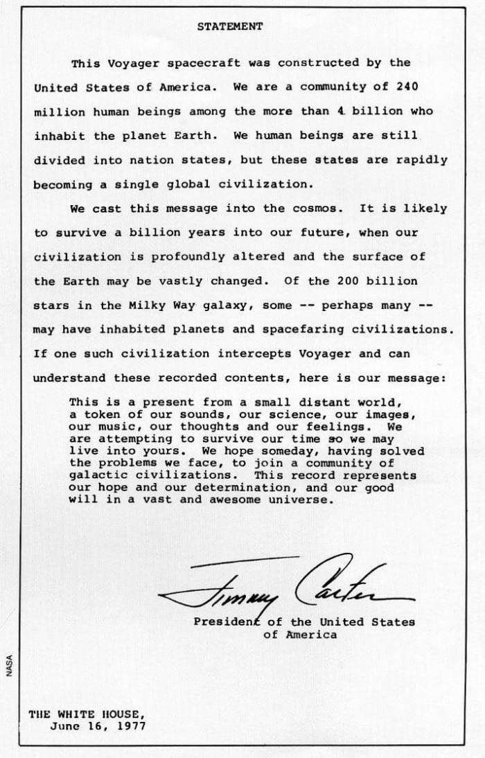 Jimmy Carter's message on the Voyager spacecraft